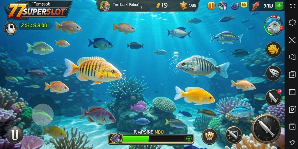 Tampilan gameplay 77SUPERSLOT dalam aksi Tembak Ikan.