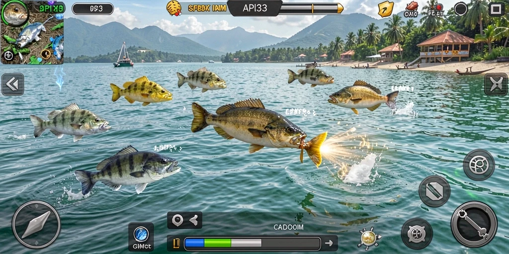 Tampilan screenshot menunjukkan gameplay seru Tembak Ikan dengan ikan yang beragam.