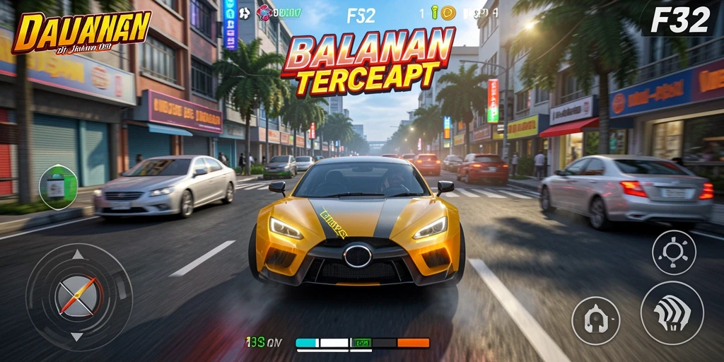 Screenshot gameplay F32 menampilkan aksi balapan yang mendebarkan.