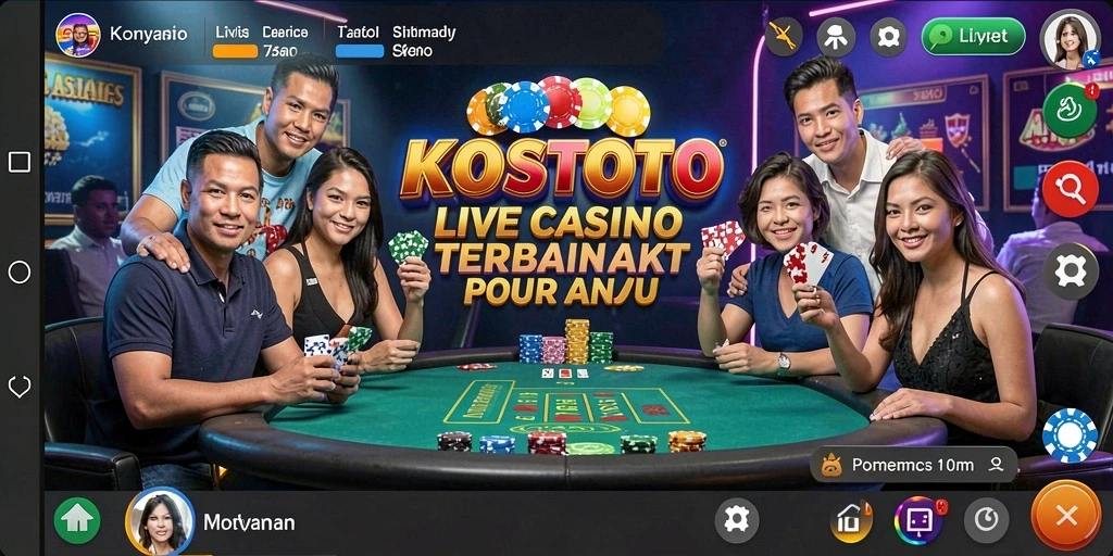 Gambar gameplay KOSTOTO yang menunjukkan dealer langsung dan interaksi pemain.