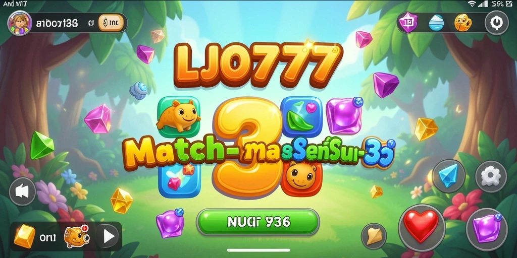 Screenshot gameplay LJO777 dengan elemen Match-3 yang ceria.