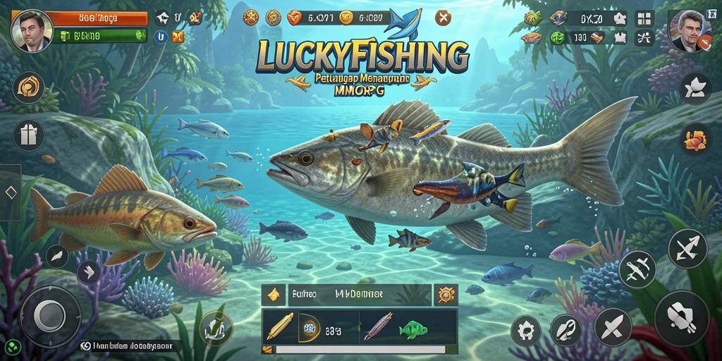 Tangkapan layar gameplay LUCKYFISHING yang menunjukkan aksi memancing seru.