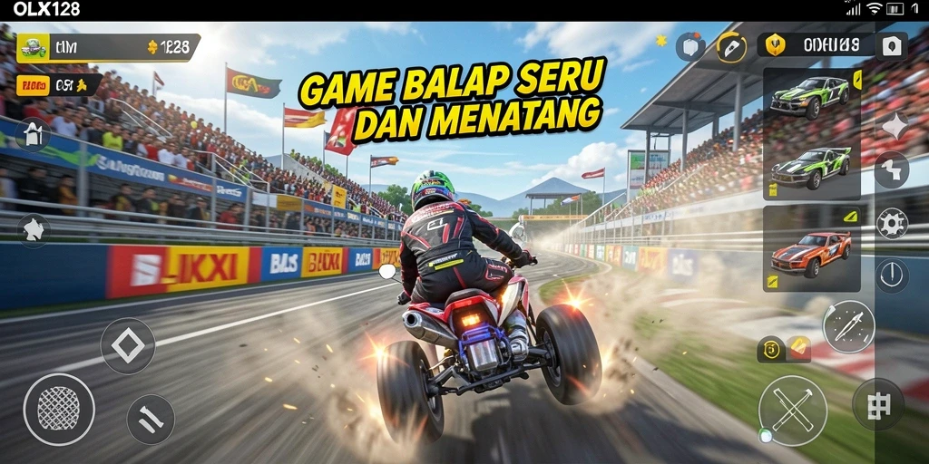 Tangkapan layar menunjukkan aksi balap mendebarkan di OLX128.