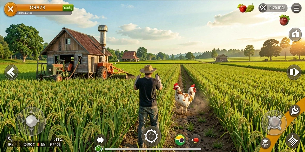 Tangkapan layar utama ORA78 menampilkan pemain yang sedang merawat ladang tanaman hijau.