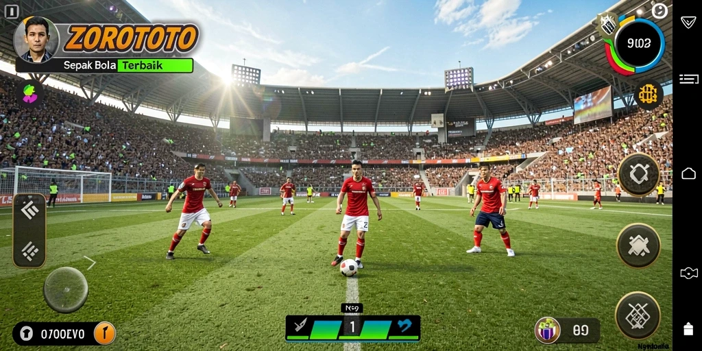 Screenshot gameplay ZOROTOTO yang menampilkan aksi seru sepak bola.